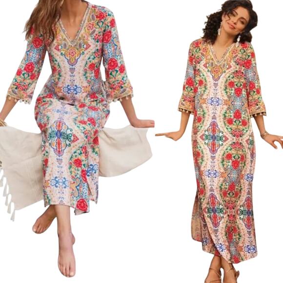 Soft Surroundings Ipanema Maxi Dress Embroidered Cover Up Colorful NEW Womens XS - Picture 2 of 10